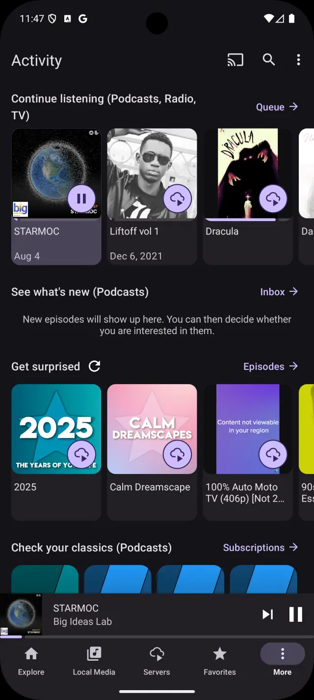 The Activity home screen, with rows for Continue listening, See what's new, Get surprised and Check your classics, above a mini player.