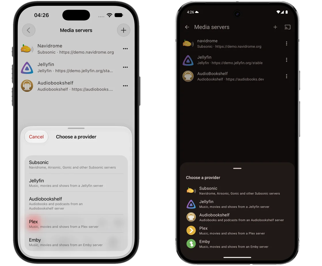The same screen on two phones side by side, an iPhone in the light theme and an Android phone in the dark: the Media servers screen with navidrome, Jellyfin and AudioBookShelf already added and each server&rsquo;s address beneath its name, and a Choose a provider sheet open over it offering Subsonic &mdash; described as Navidrome, Airsonic, Gonic and other Subsonic servers &mdash; Jellyfin, Audiobookshelf, Plex and Emby.
