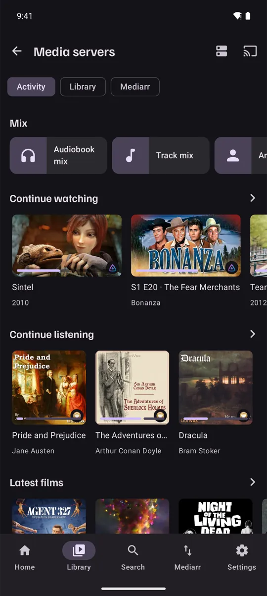 A server's activity: mixes, continue watching and continue listening