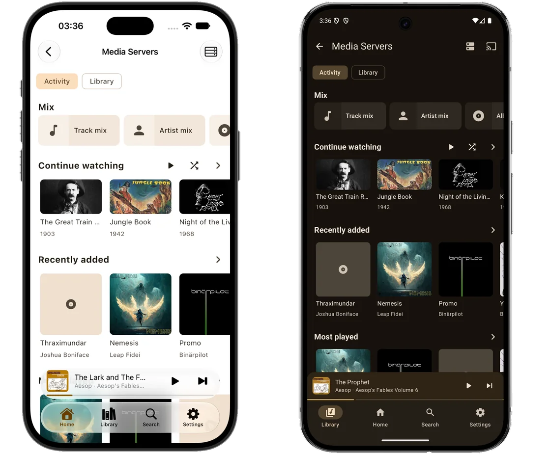 The same screen on two phones side by side, an iPhone in the light theme and an Android phone in the dark: the Media Servers screen on its Activity tab, with a Mix row offering Track mix and Artist mix, a Continue watching row of film posters &mdash; The Great Train Robbery from 1903, Jungle Book from 1942, Night of the Living Dead from 1968 &mdash; and a Recently added row of album covers under it.