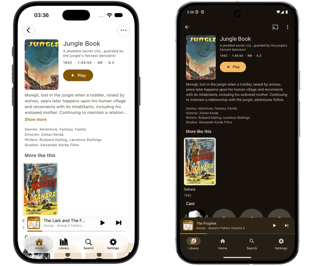The same screen on two phones side by side, an iPhone in the light theme and an Android phone in the dark: the details page for Jungle Book, with the 1942 poster, the year, a running time of 1:44:54, an NR certificate and a 6.3 rating, a Play button, the full synopsis, then genres, director Zoltan Korda, writers Rudyard Kipling and Laurence Stallings, the studio, a More like this row and a Cast row.