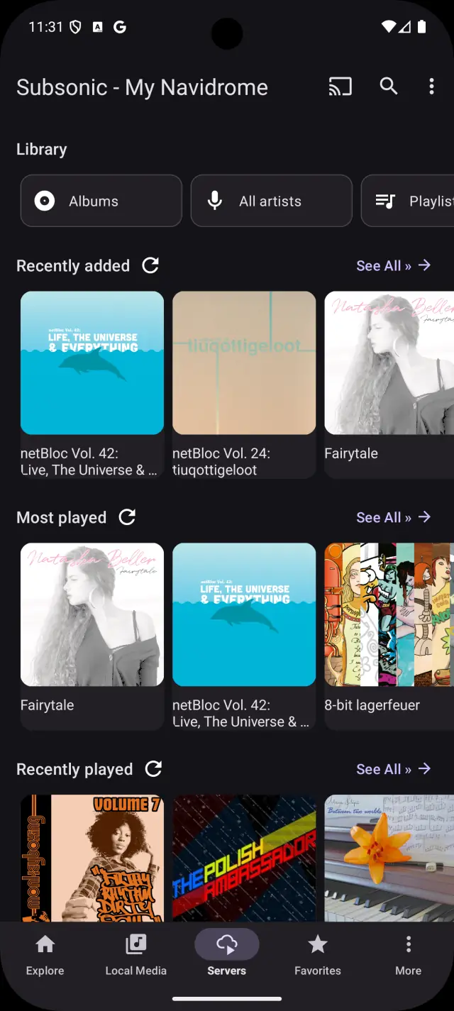 A Navidrome library over Subsonic, showing Recently added, Most played and Recently played rows of album artwork.