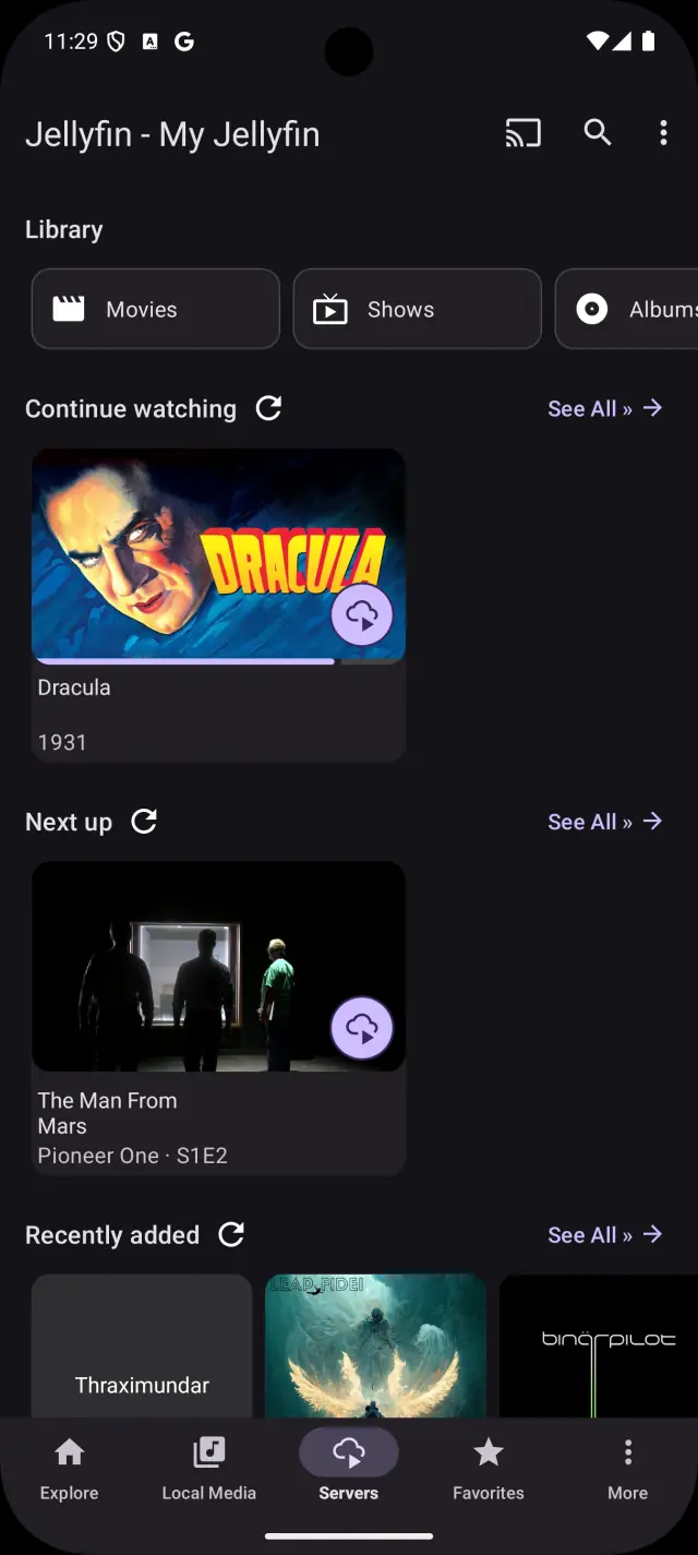 A Jellyfin server showing Movies, Shows and Albums tabs above Continue watching and Next up rows.