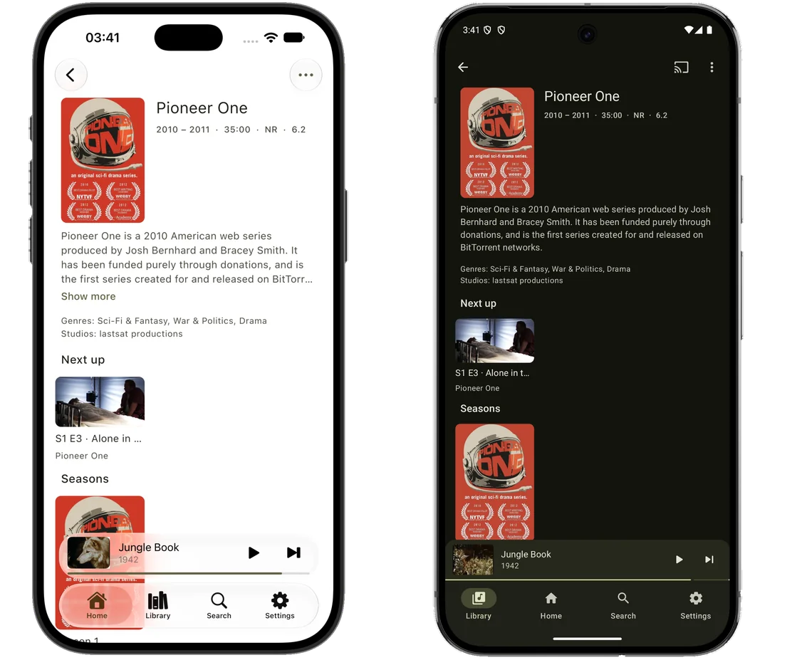 The same screen on two phones side by side, an iPhone in the light theme and an Android phone in the dark: the details page for the web series Pioneer One, running 2010 to 2011, with its description, genres of Sci-Fi & Fantasy, War & Politics and Drama, a Next up card showing series 1 episode 3 with a still from it, and a Seasons row beneath.