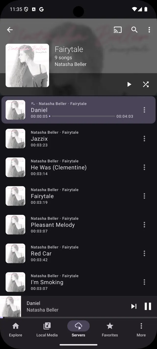 The album Fairytale by Natasha Beller, nine songs, with its full track list and play and shuffle buttons.