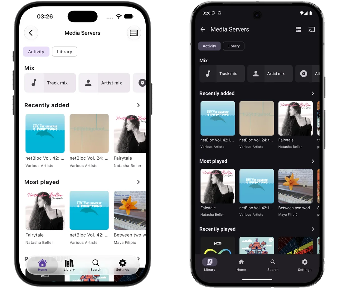 The same screen on two phones side by side, an iPhone in the light theme and an Android phone in the dark: the Media Servers screen showing a music library: a Mix row with Track mix and Artist mix, then rows of album artwork under Recently added, Most played and Recently played, each cover captioned with its album title and artist.