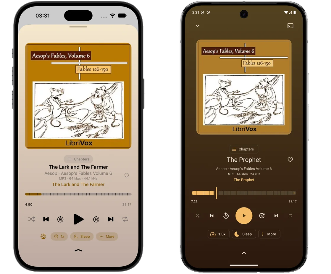 The same screen on two phones side by side, an iPhone in the light theme and an Android phone in the dark: the full player showing the LibriVox cover of Aesop&rsquo;s Fables Volume 6, the whole screen tinted to match it. Below the artwork: a Chapters button, the title The Prophet, the file details MP3 at 64 kb/s and 24 kHz, a scrubber at 7:22 of 31:17, transport controls, and buttons for 1.0x speed, Sleep and More.