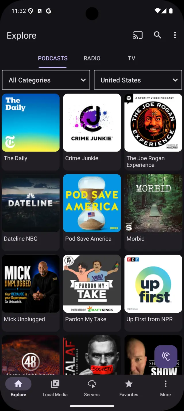 The Explore screen on the Podcasts tab, with category and country pickers above a grid of show artwork.
