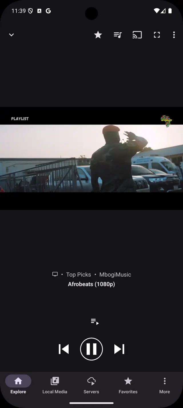The video player showing Afrobeats in 1080p, with cast and full-screen controls and transport buttons below.