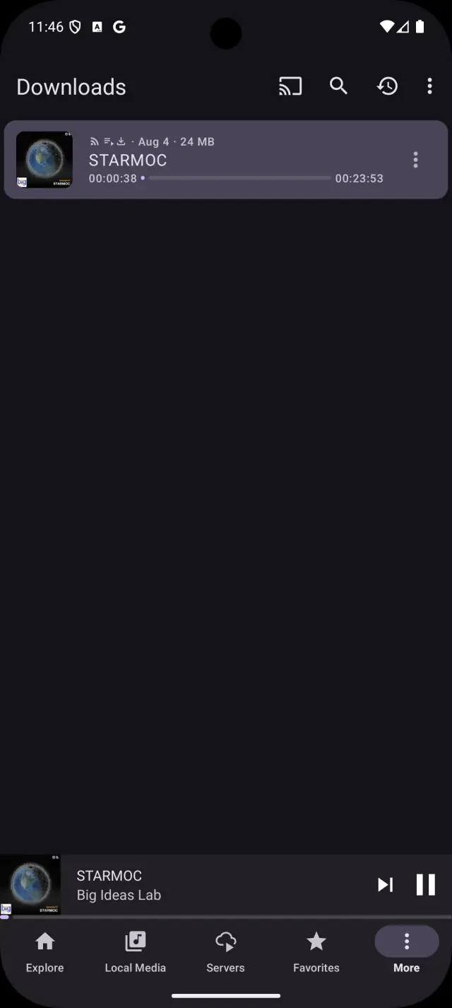 The Downloads screen with a saved 24 MB episode, playable with no connection.