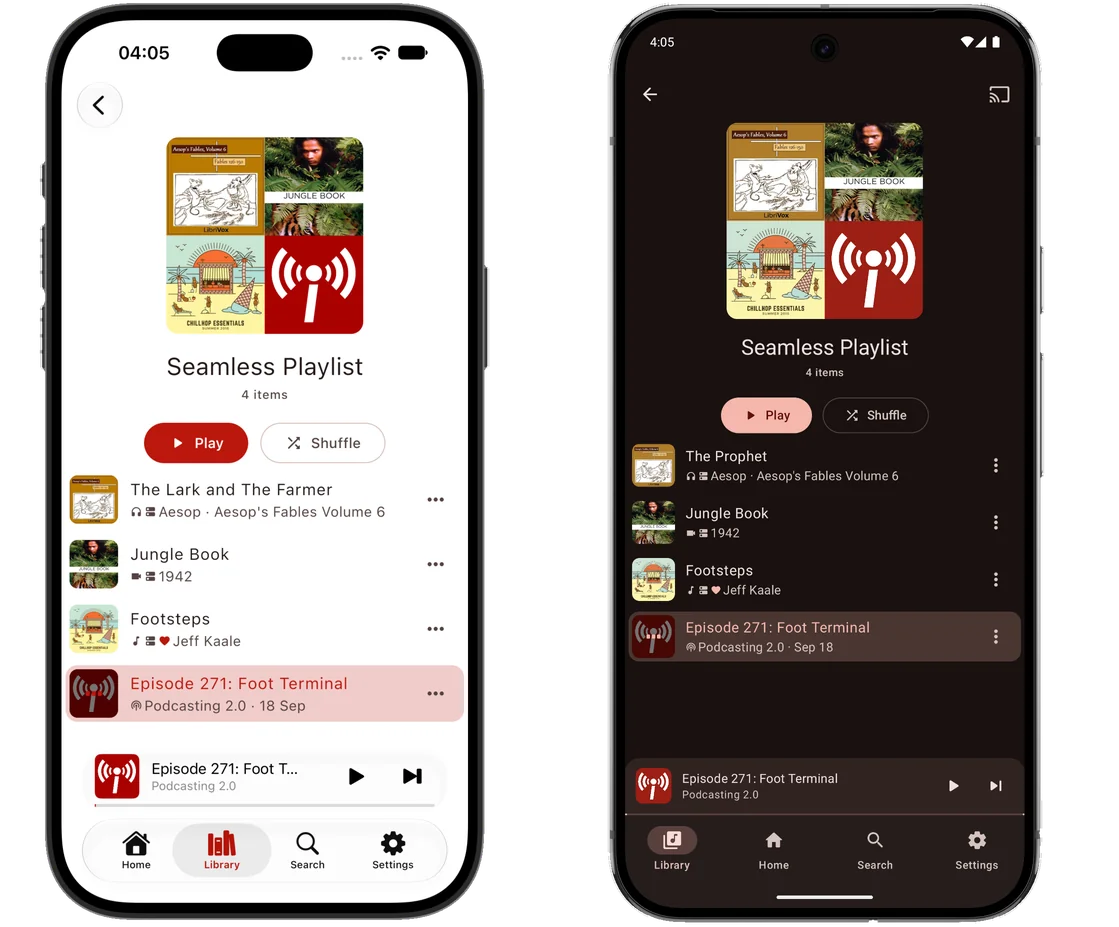 The same screen on two phones side by side, an iPhone in the light theme and an Android phone in the dark: a playlist called Seamless Playlist holding 4 items, its cover a mosaic of the four, with Play and Shuffle buttons. The items are The Prophet from Aesop&rsquo;s Fables Volume 6, the 1942 Jungle Book film, the track Footsteps by Jeff Kaale, and Episode 271: Foot Terminal from Podcasting 2.0 &mdash; each with a small icon saying which kind it is.