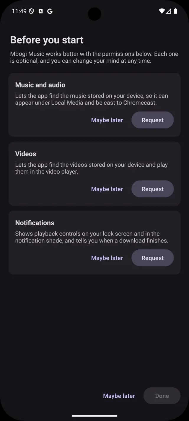 A Before you start screen offering music, video and notification permissions, each with a Maybe later option.