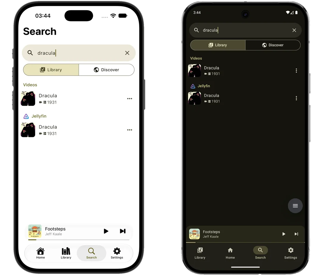 The same screen on two phones side by side, an iPhone in the light theme and an Android phone in the dark: the Search screen with dracula typed into it and a Library and Discover toggle underneath, the results grouped by source: a Videos heading with the 1931 Dracula held on the phone, and a Jellyfin heading with the 1931 Dracula held on the server.