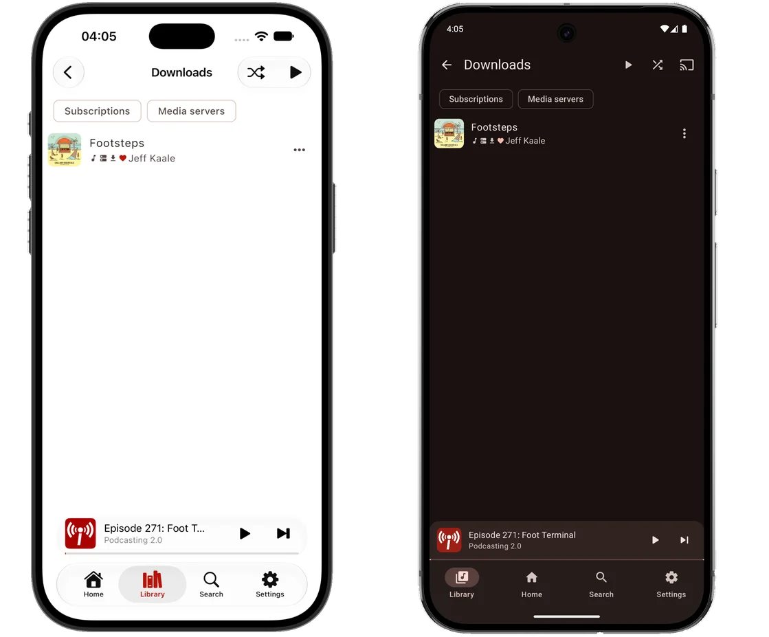 The same screen on two phones side by side, an iPhone in the light theme and an Android phone in the dark: the Downloads screen with Subscriptions and Media servers chips to filter by source, listing the downloaded track Footsteps by Jeff Kaale with a download tick beside its name.