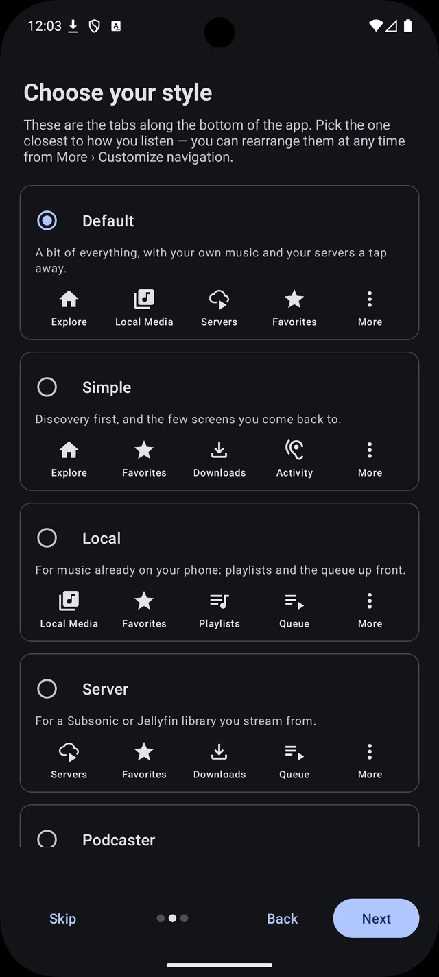 The Mediagg setup screen titled Choose your style, offering Default, Simple, Local, Server and Podcaster layouts for the tabs along the bottom of the app.
