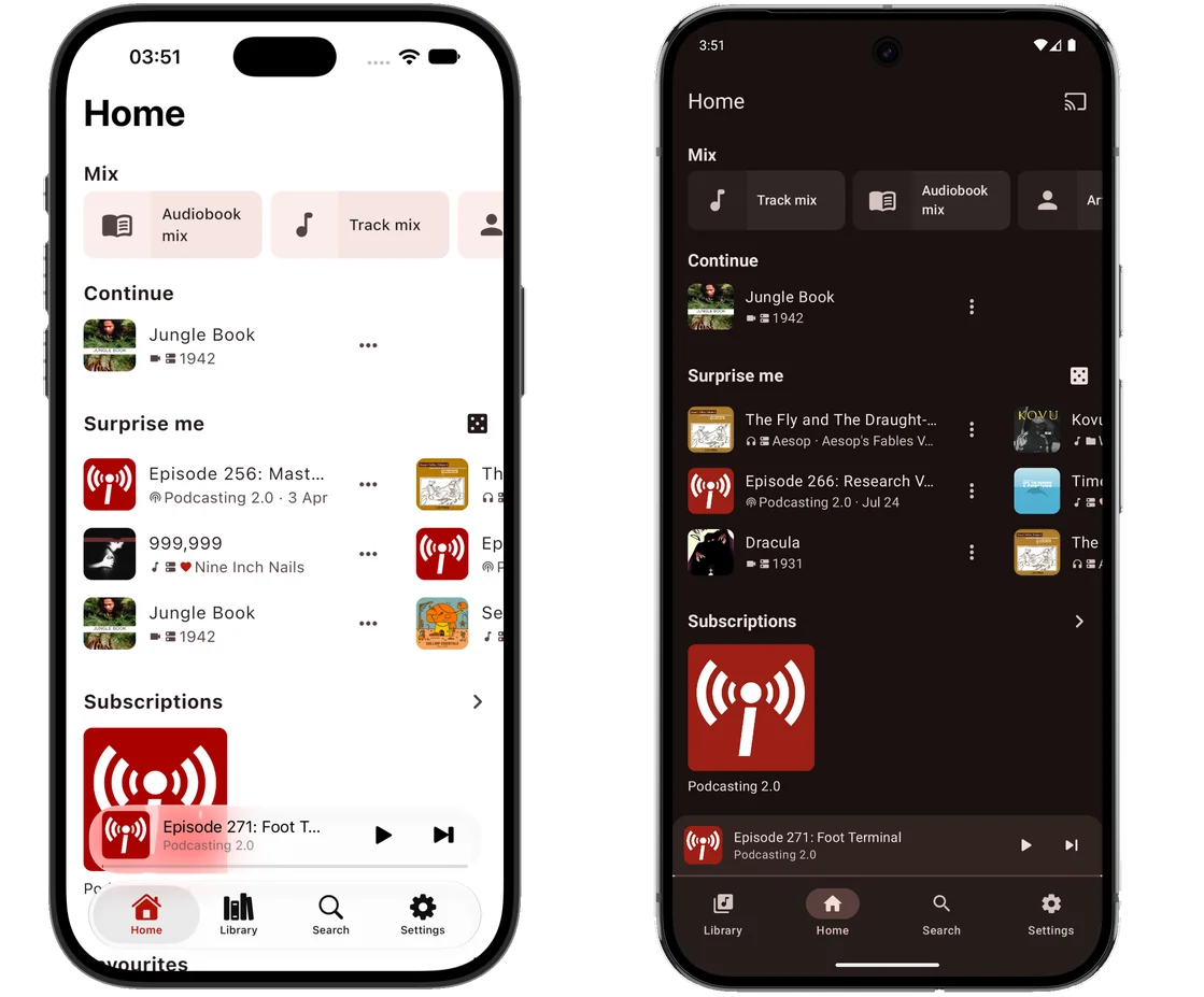 The Mediagg home screen on two phones side by side — an iPhone in the light theme, an Android phone in the dark — each showing a Mix row offering Track mix and Audiobook mix, a Continue row holding the 1942 Jungle Book, a Surprise me list mixing a reading from Aesop's Fables, a Podcasting 2.0 episode and the 1931 Dracula, and a Subscriptions row below, with a mini player across the bottom and tabs for Library, Home, Search and Settings.